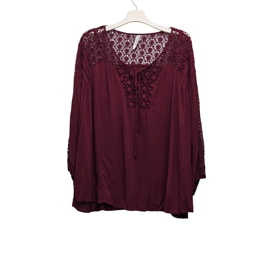 Monoreno‎ Crochet Lace Blouse Womens Small Burgundy Long Sleeve Boho Peasant Top
